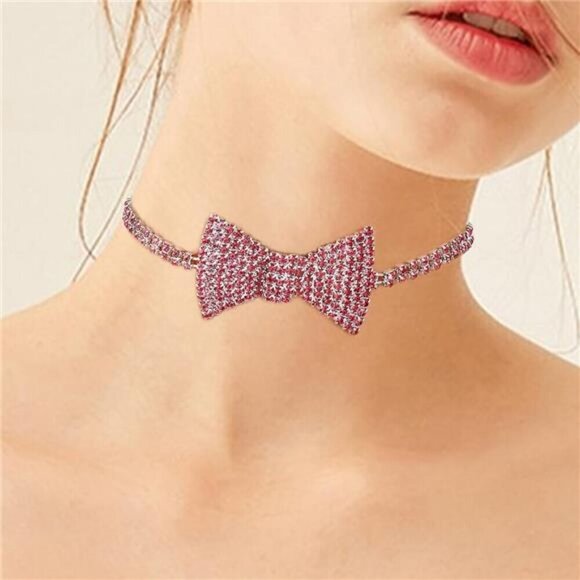 Women's Pink Rhinestone Bowtie Choker Necklace – Glamorous Adjustable Statement - Picture 4 of 8